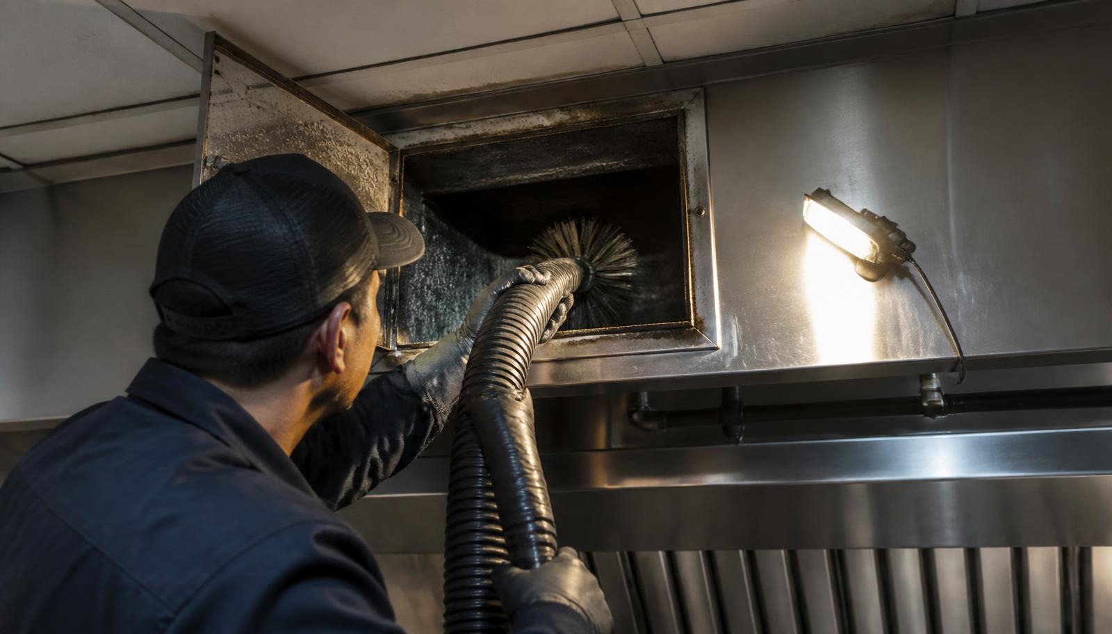 Technician brushing grease from a commercial kitchen exhaust duct through an access panel
