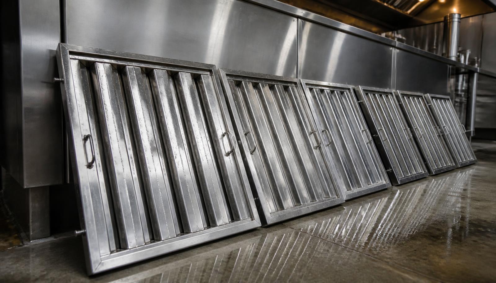 Freshly pressure-washed stainless steel baffle grease filters lined up beside a kitchen hood