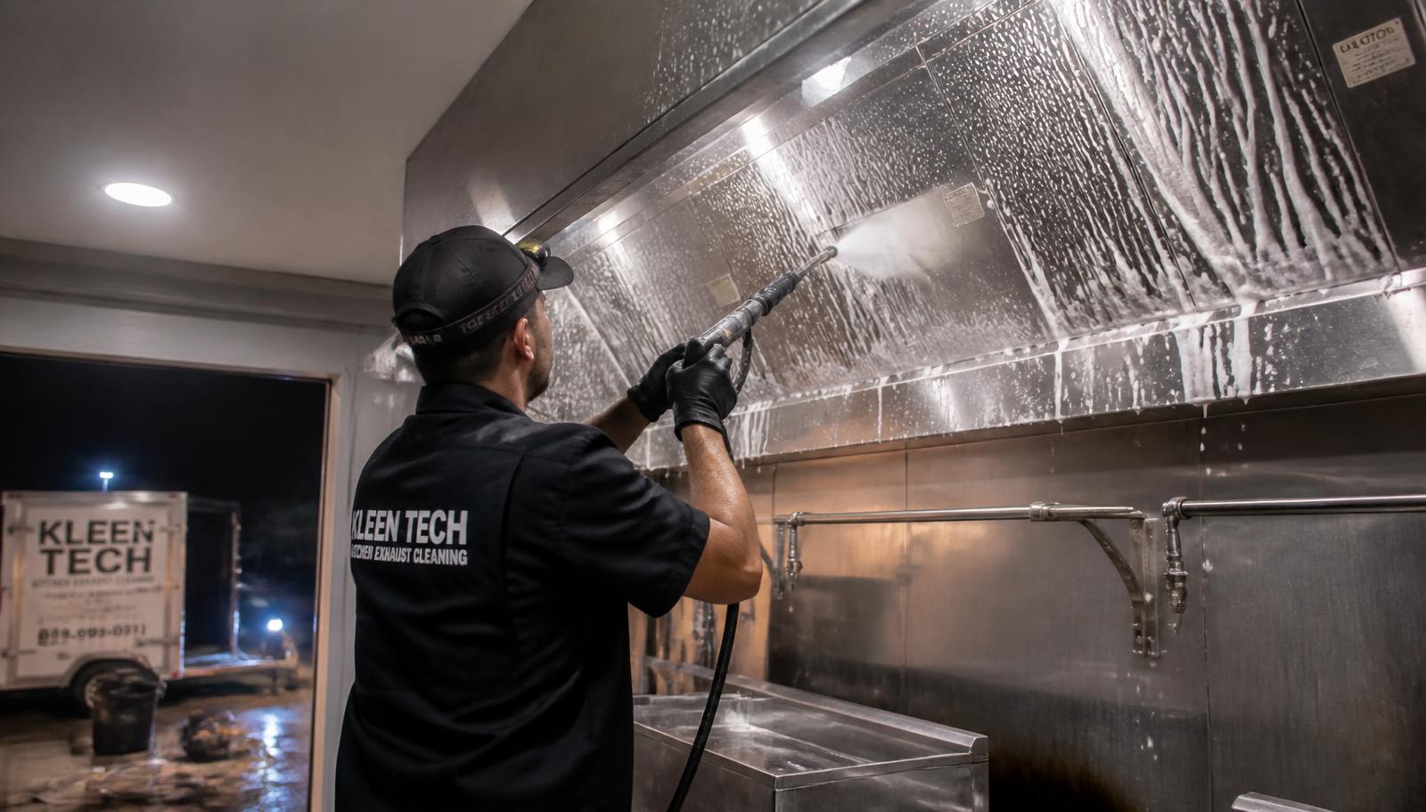 Technician pressure-washing a stainless steel commercial kitchen hood to bare metal at night