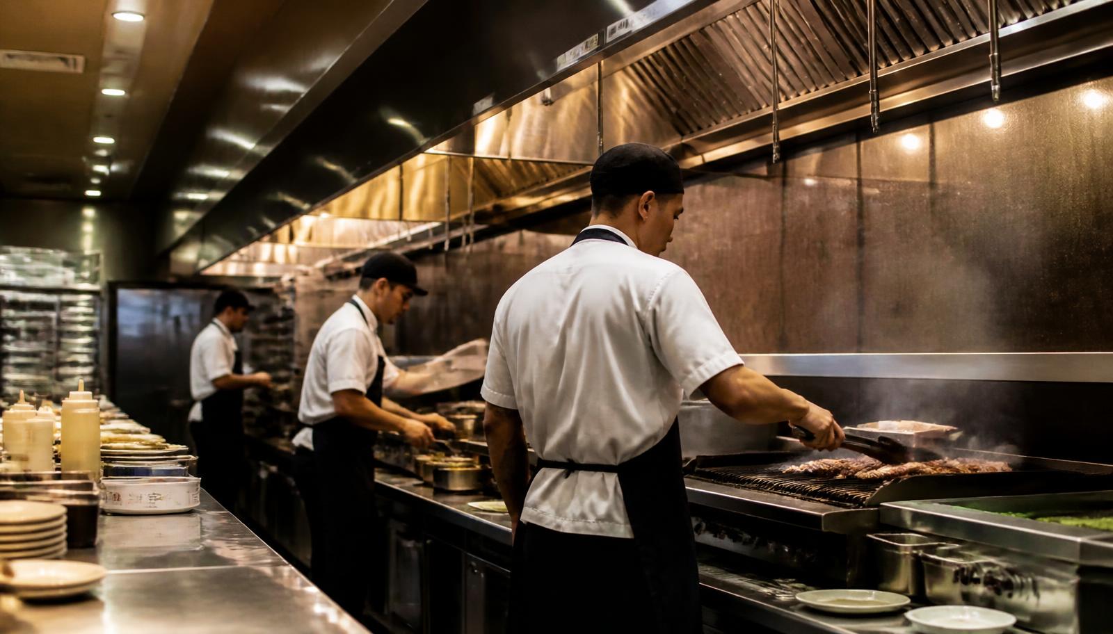 Busy restaurant cook line under a stainless steel exhaust hood