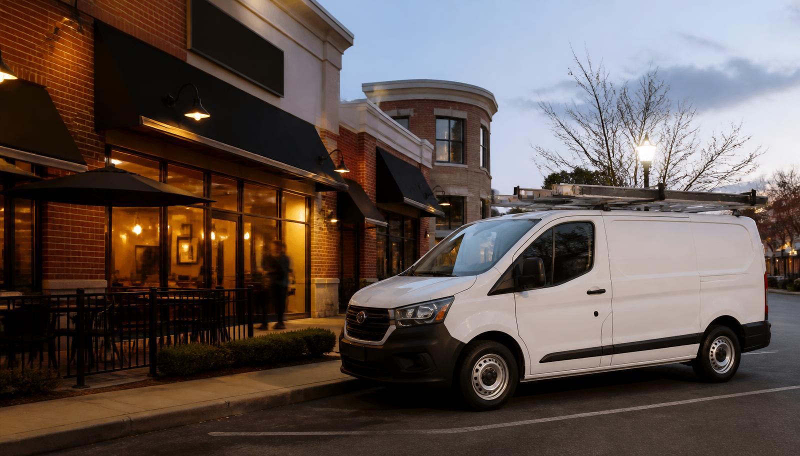 Service van parked outside a metro Atlanta restaurant at dusk